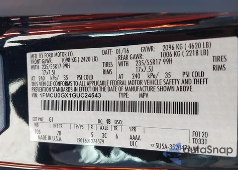 2016 Ford Escape Se from USA, damaged, VIN 1FMCU0GX1GUC24543